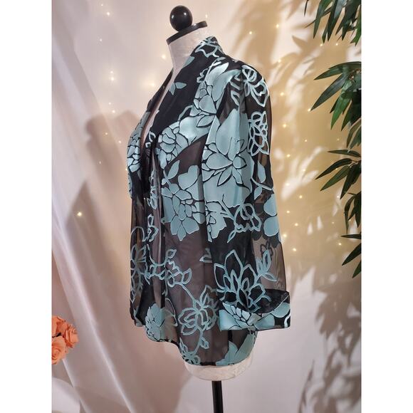 Alex Evenings Vtg Sheer Floral Jaquard Open Jacket Womens Size XL Black Blue - Picture 3 of 8